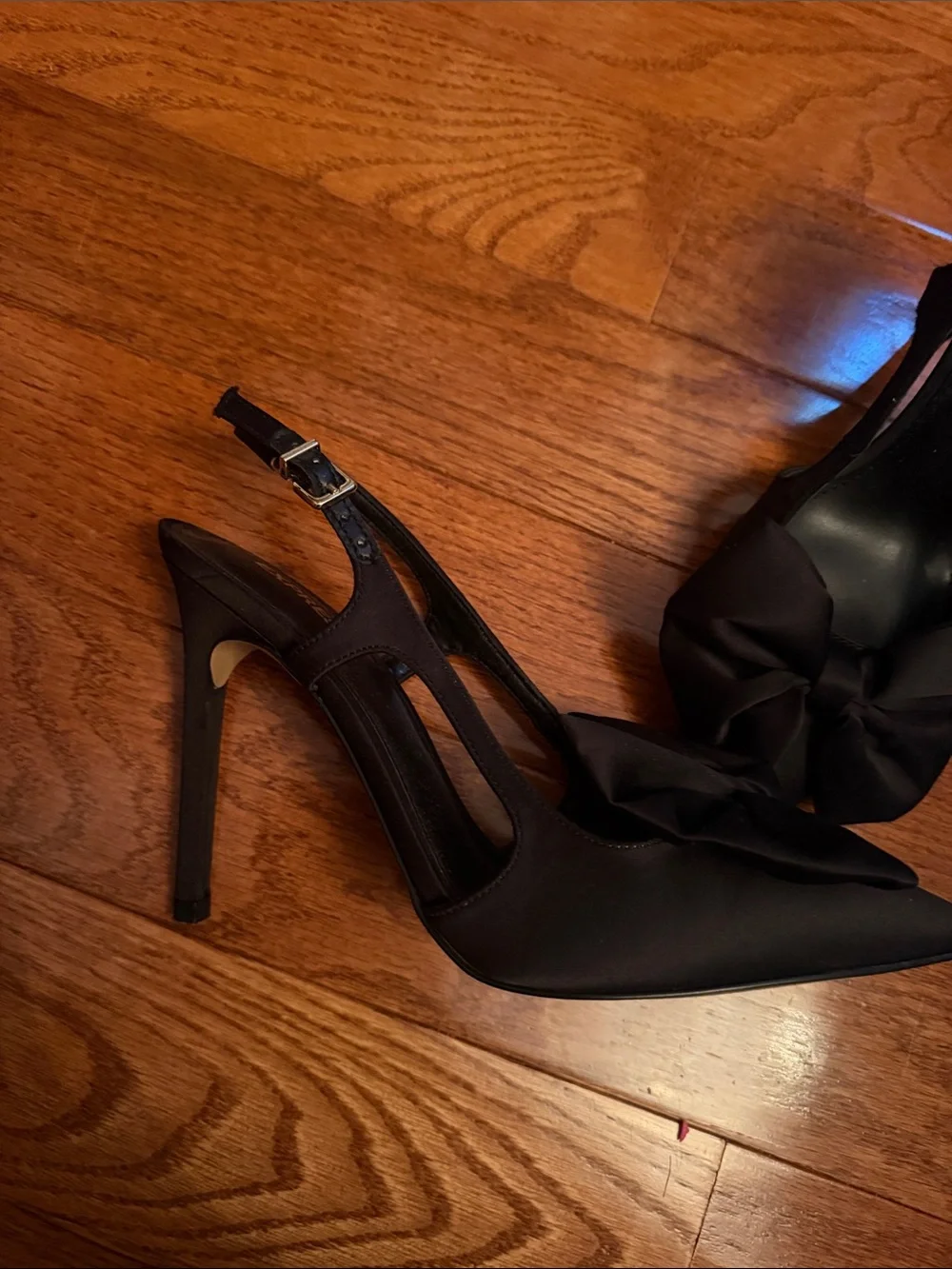 Express Black Pointed-Toe Slingback Heels with Bow